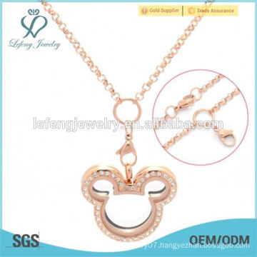 3mm 24" stainless steel rose gold mickey head locket chain charm necklace floating charm locket chain necklace